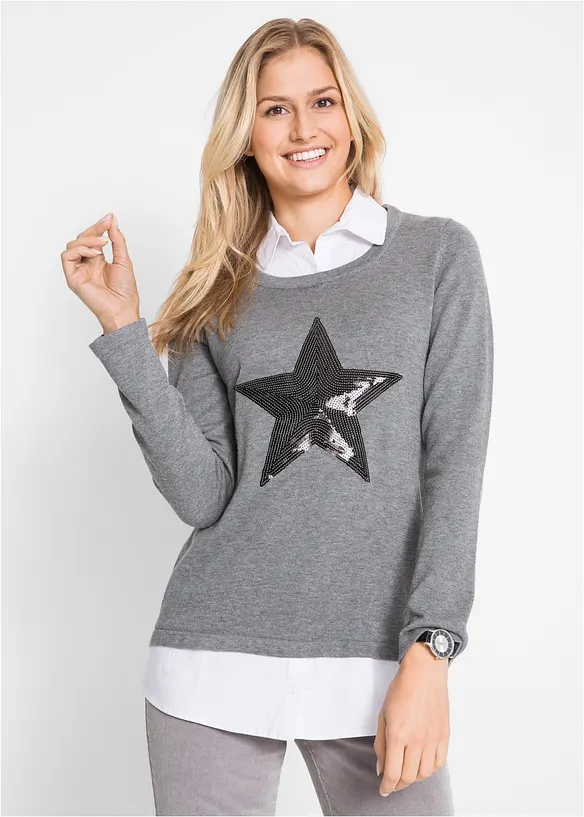 Pull 2 en 1 &agrave; empi&egrave;cement chemisier, manches longues, bpc bonprix collection