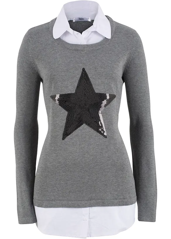 Pull 2 en 1 &agrave; empi&egrave;cement chemisier, manches longues, bpc bonprix collection