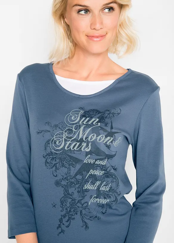 T-shirt 2 en 1 coton, manches 3/4, bonprix