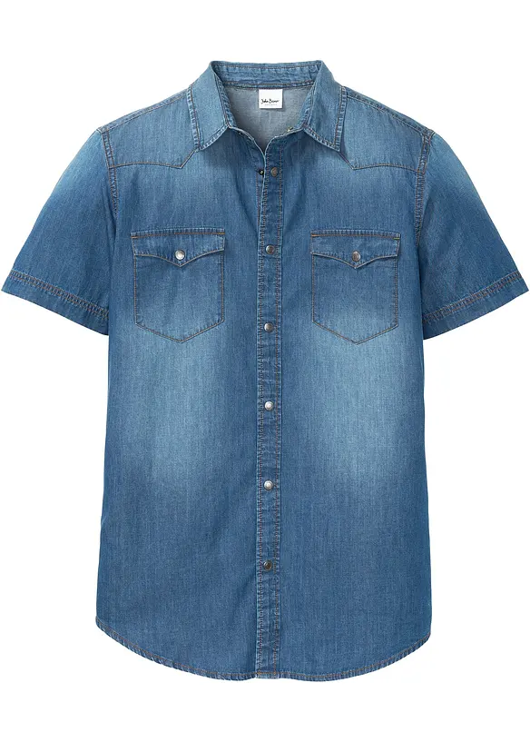 Chemise manches courtes slim en jean, 100% coton, bonprix