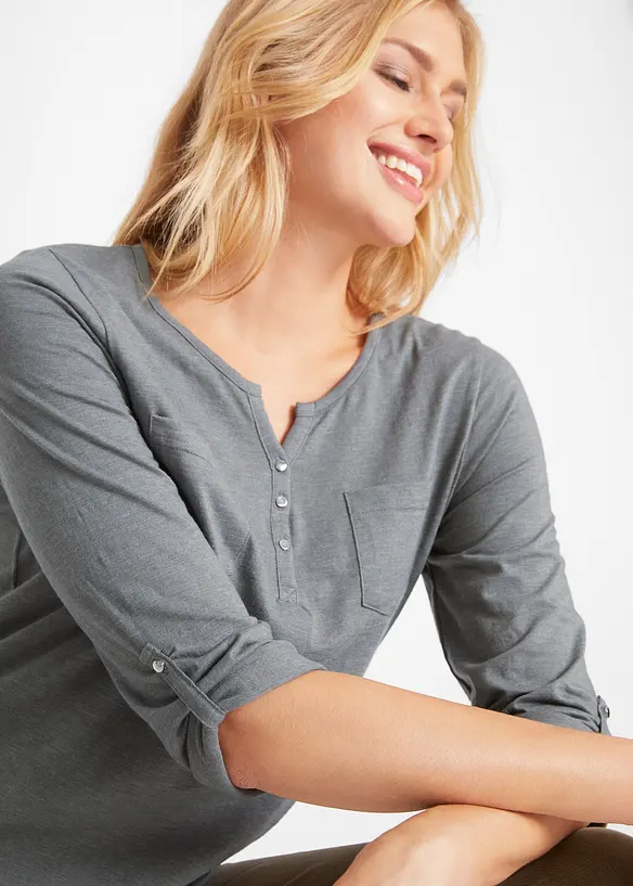 T-shirt col tunisien boutonné à manches longues, bonprix