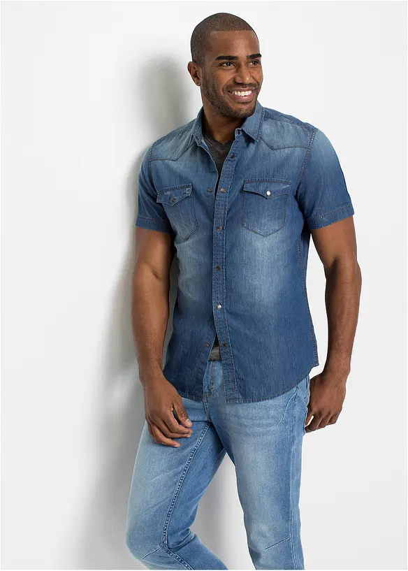 Chemise manches courtes slim en jean, 100% coton, bonprix