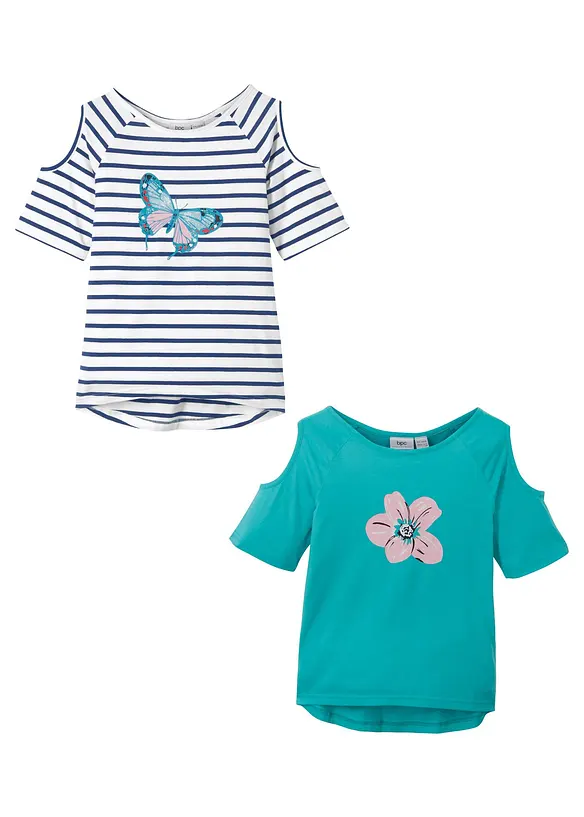 Lot de 2 T-shirts avec épaules découpées, bonprix
