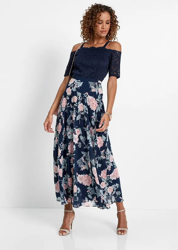 Robe en cr&ecirc;pe avec dentelle et imprim&eacute; floral, bpc selection