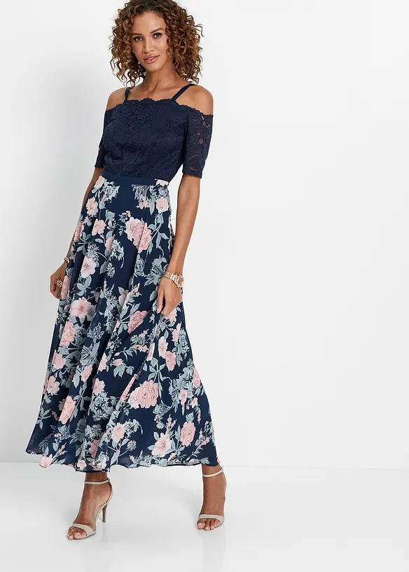 Robe en cr&ecirc;pe avec dentelle et imprim&eacute; floral, bpc selection