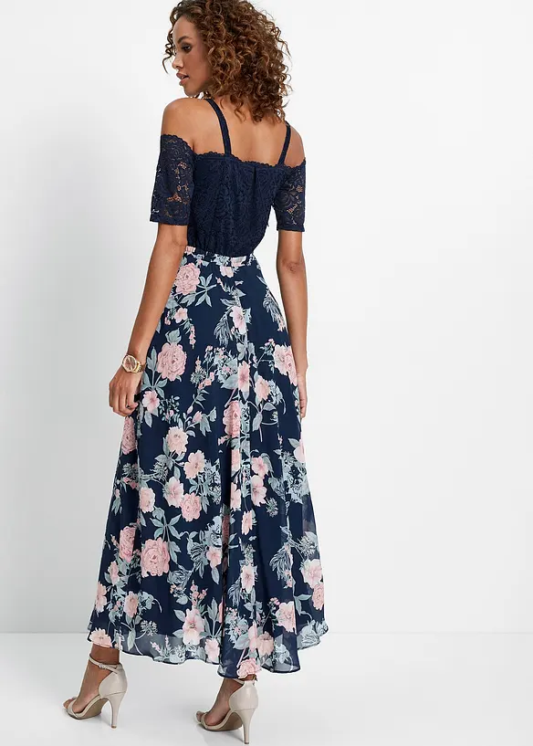 Robe en cr&ecirc;pe avec dentelle et imprim&eacute; floral, bpc selection