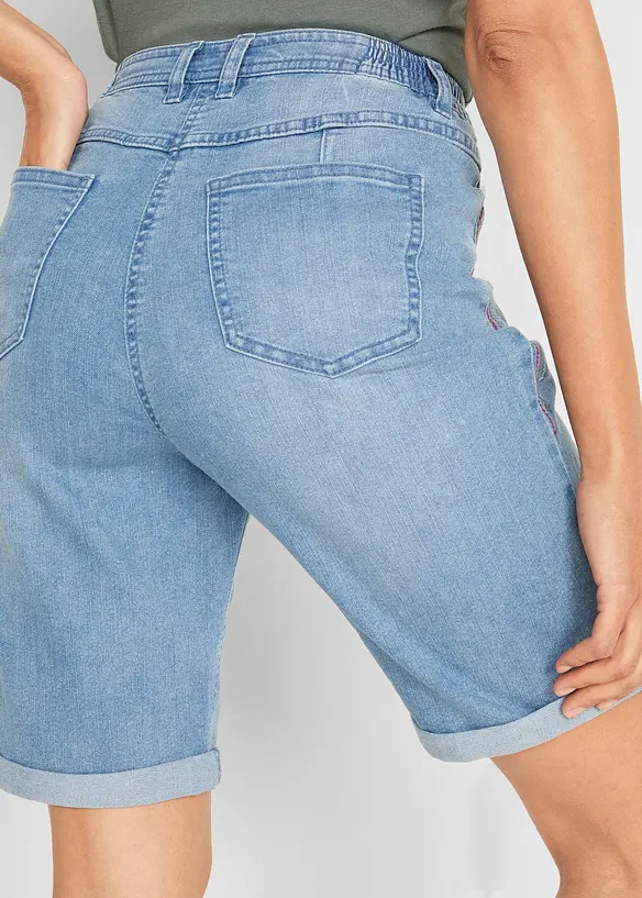 Bermuda en jean confort stretch avec broderie et taille confortable, bonprix