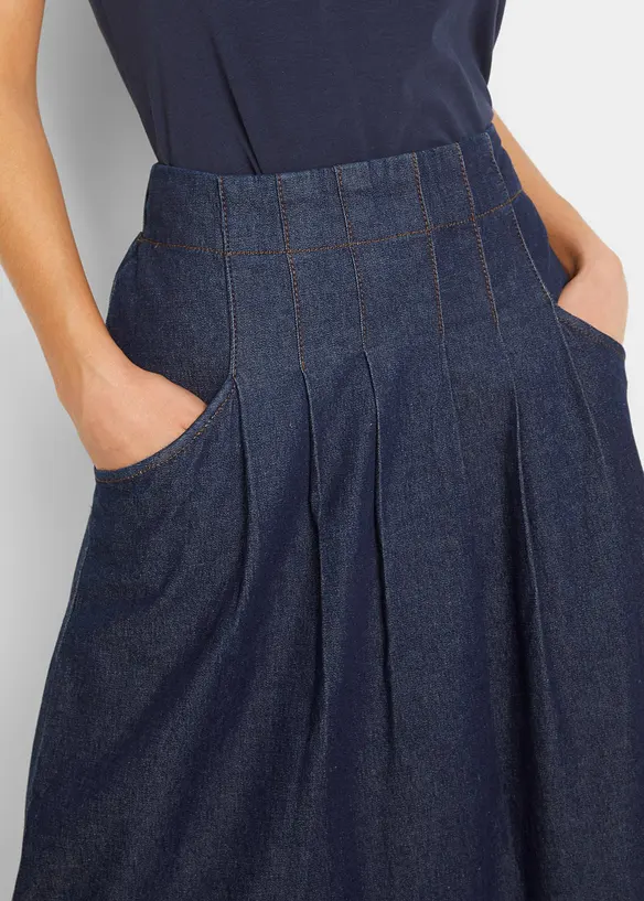 Jupe en jean extensible avec plis religieuse, lien à nouer et taille confortable, bonprix