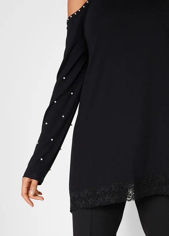 T-shirt épaules dénudées avec dentelle et perles, bonprix