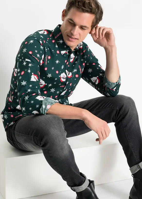 Chemise slim avec imprimé de Noël, 100% coton, bonprix