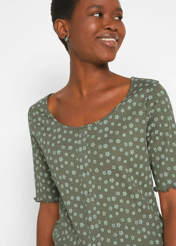 T-shirt côtelé à imprimé floral, manches coude, bonprix
