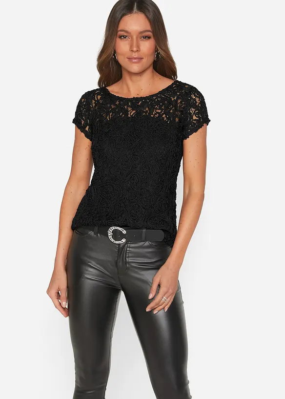 Blouse manches courtes en dentelle cordée, bonprix