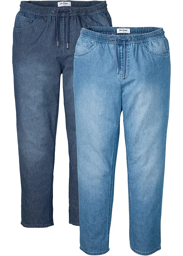 Lot de 2 jeans classiques &agrave; taille &eacute;lastiqu&eacute;e en denim estival, bonprix