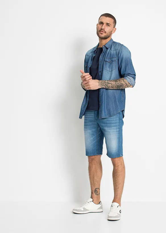Bermuda en jean extensible avec entrejambe renforc&eacute;, Regular, bonprix
