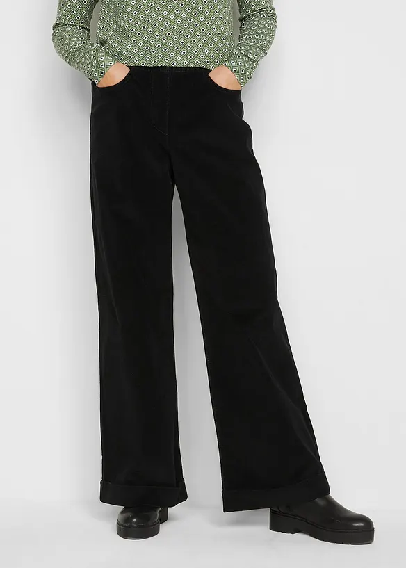 Pantalon large en velours côtelé, taille haute, bonprix