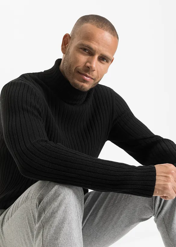Pull col roulé en maille côtelée, coton recyclé majoritaire, bonprix