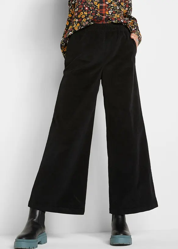 Pantalon en velours côtelé, taille haute élastiquée, bonprix