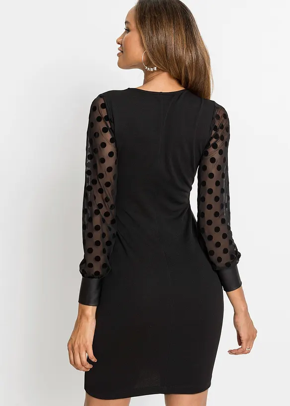 Robe avec empiècement jersey et manches en mesh à pois, bonprix