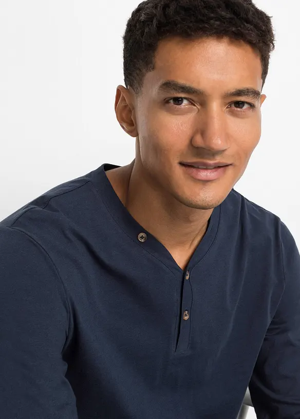 Lot de 2 T-shirts col tunisien manches longues, 100% coton, bonprix