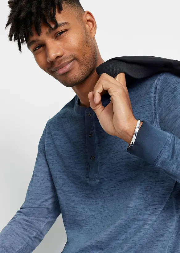 T-shirt coton col tunisien aspect d&eacute;lav&eacute;, manches longues, bonprix