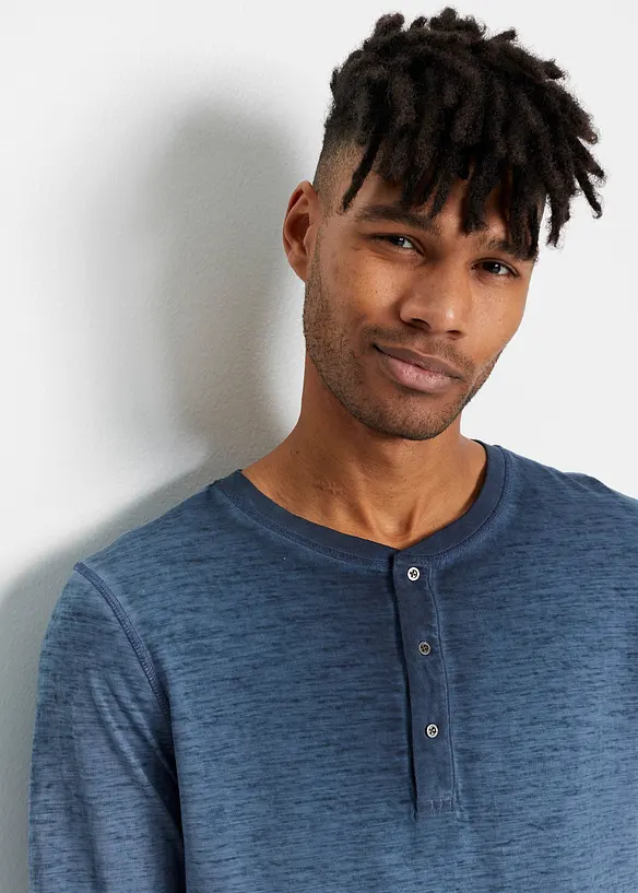 T-shirt coton col tunisien aspect d&eacute;lav&eacute;, manches longues, bonprix