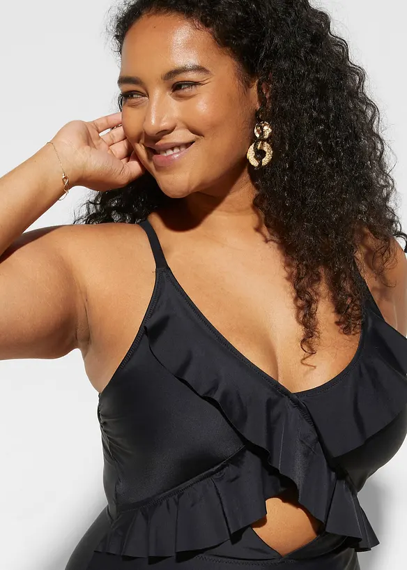 Maillot 1 pièce à découpe et volants, bonprix