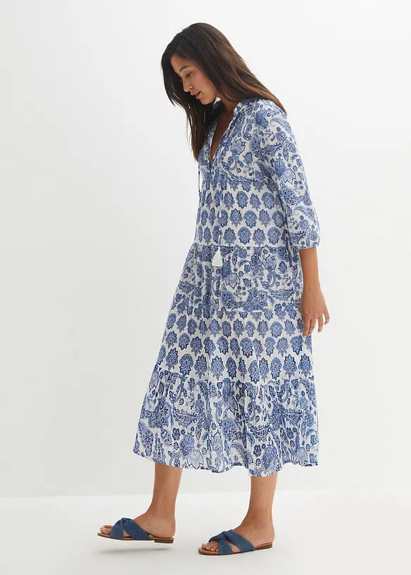 Robe midi en cr&eacute;pon de coton avec poches et manches 3/4, bonprix