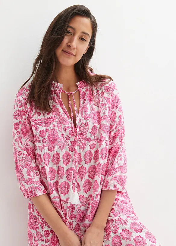 Robe midi en crépon de coton avec poches et manches 3/4, bonprix