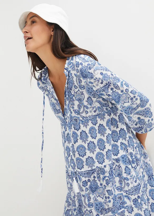 Robe midi en cr&eacute;pon de coton avec poches et manches 3/4, bonprix