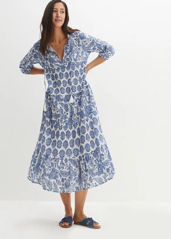 Robe midi en cr&eacute;pon de coton avec poches et manches 3/4, bonprix