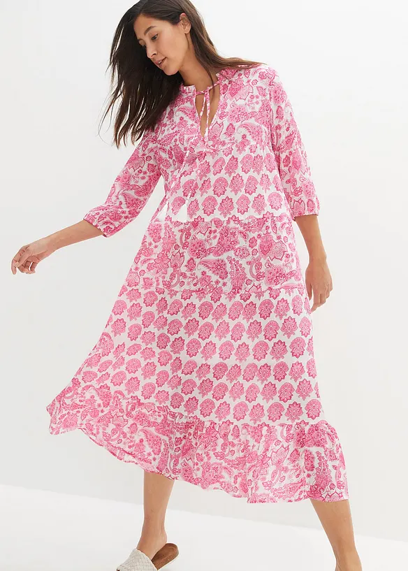 Robe midi en crépon de coton avec poches et manches 3/4, bonprix