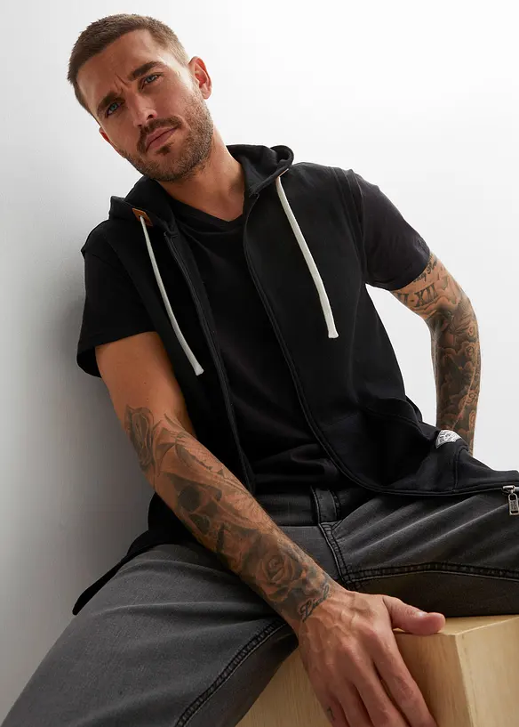 Sweat zipp&eacute; &agrave; capuche sans manches en coton m&eacute;lang&eacute;, bonprix