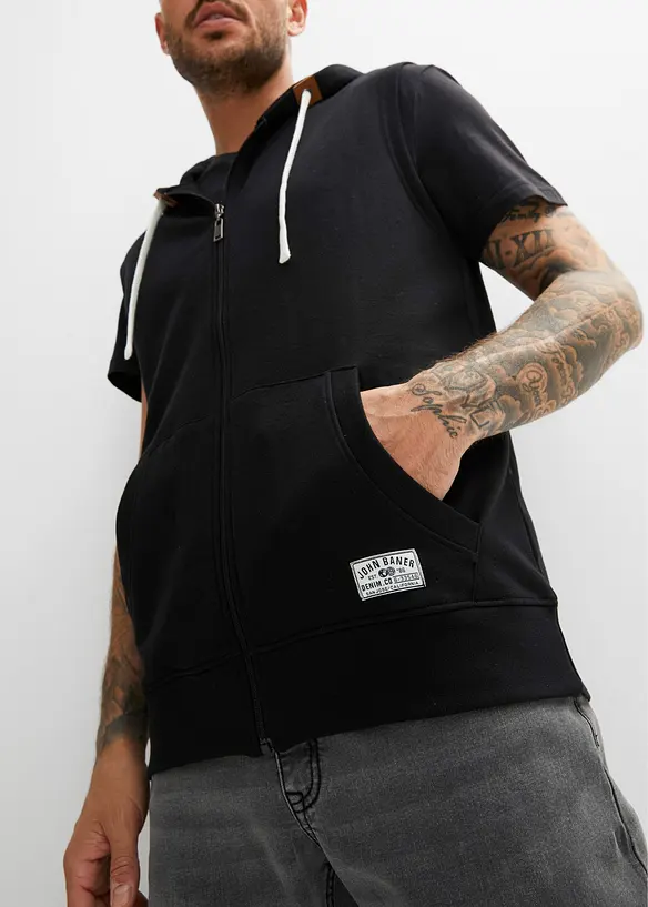 Sweat zipp&eacute; &agrave; capuche sans manches en coton m&eacute;lang&eacute;, bonprix