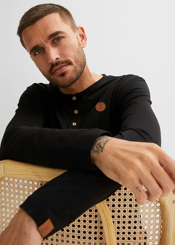 Lot de 2 T-shirts manches longues col tunisien 100% coton, bonprix