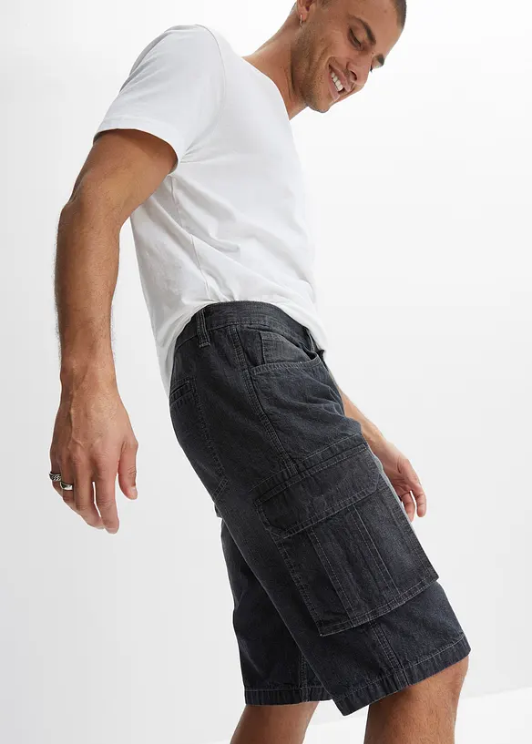 Bermuda cargo long en jean, loose, bonprix