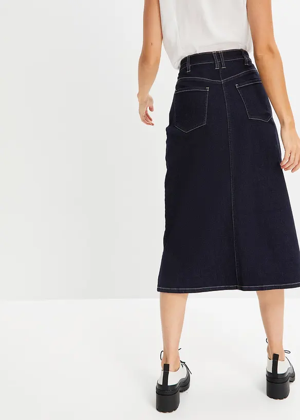 Jupe midi l&eacute;g&egrave;rement &eacute;vas&eacute;e en jean extensible avec taille &eacute;lastiqu&eacute;e, bonprix