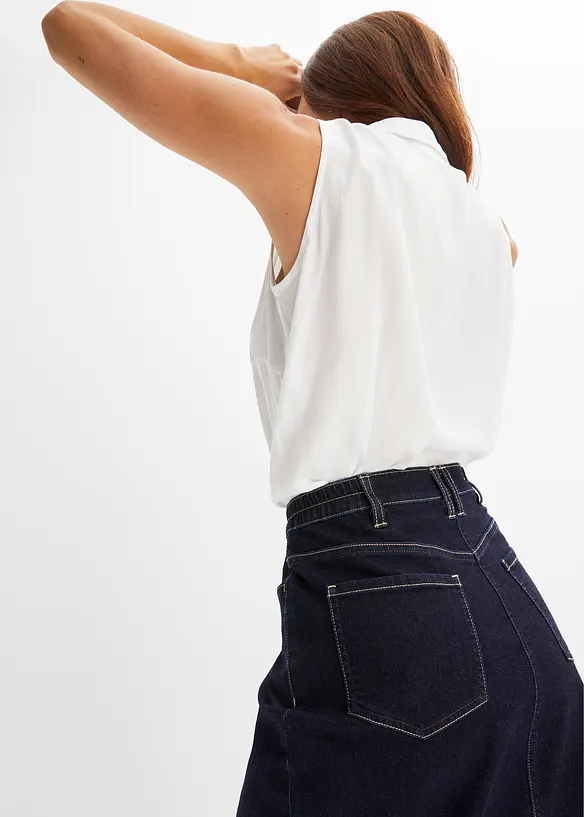 Jupe midi l&eacute;g&egrave;rement &eacute;vas&eacute;e en jean extensible avec taille &eacute;lastiqu&eacute;e, bonprix