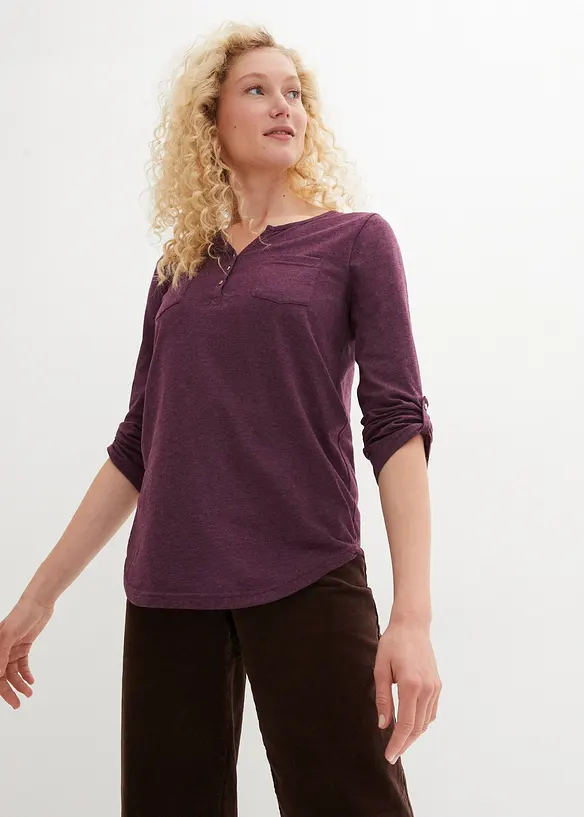 T-shirt col tunisien boutonné à manches longues, bonprix