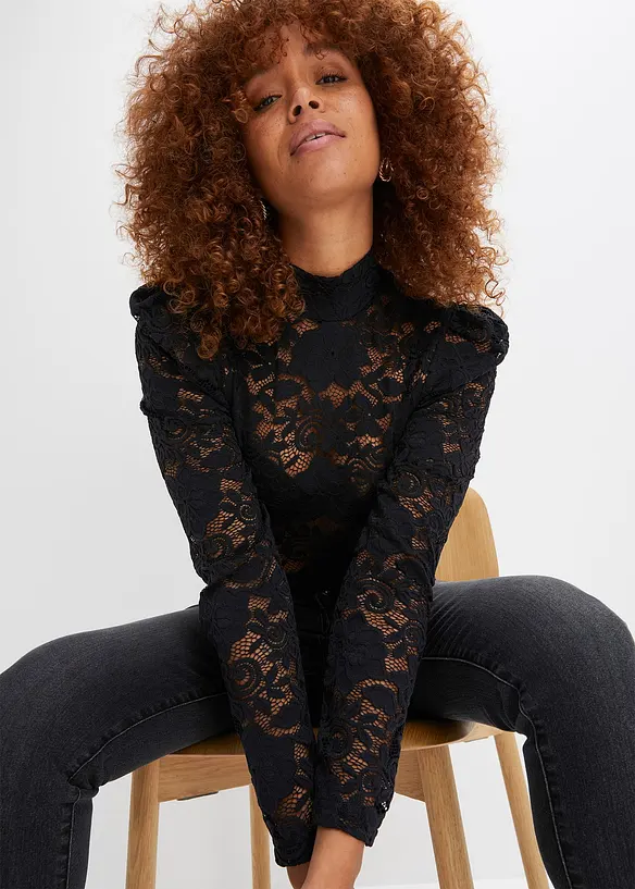 T-shirt manches longues cintré en dentelle, bonprix