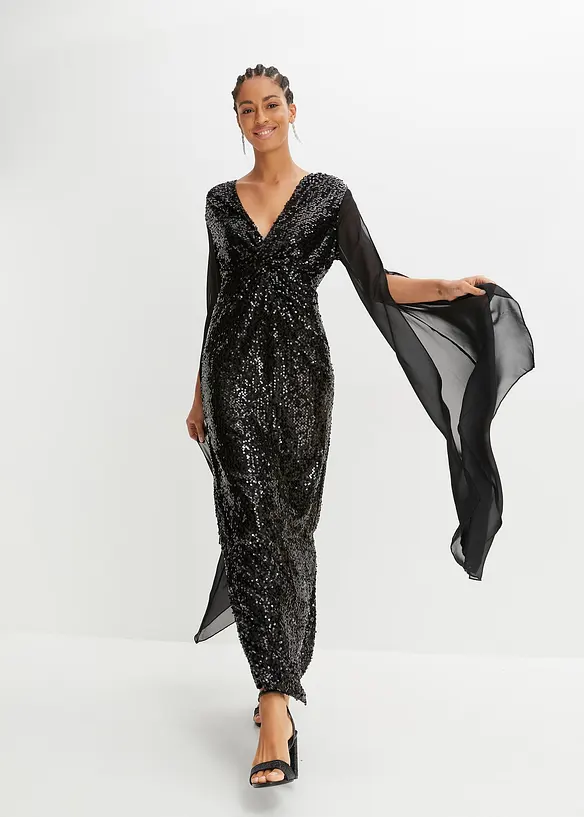 Robe à sequins et manches longues en voile, bonprix