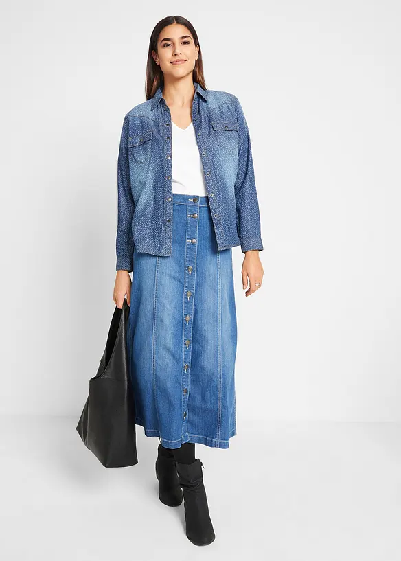 Jupe en jean confort-stretch, longueur midi, bonprix