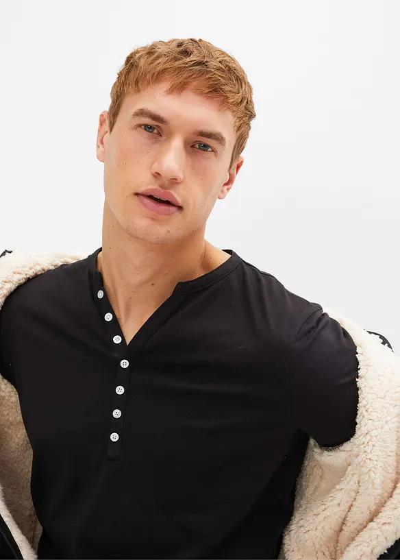 T-shirt manches longues col tunisien 100% coton, slim, bonprix