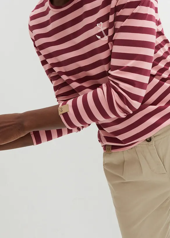 T-shirt manches longues rayé à broderies, bonprix