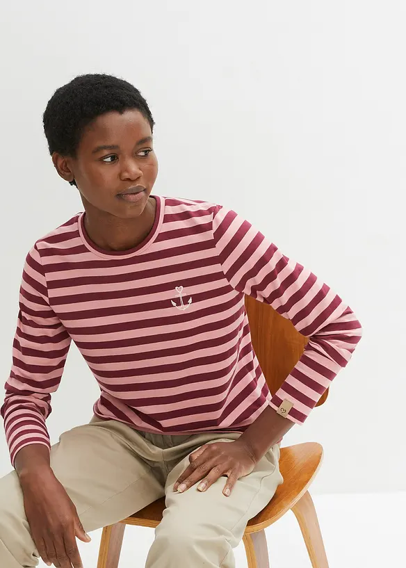 T-shirt manches longues rayé à broderies, bonprix