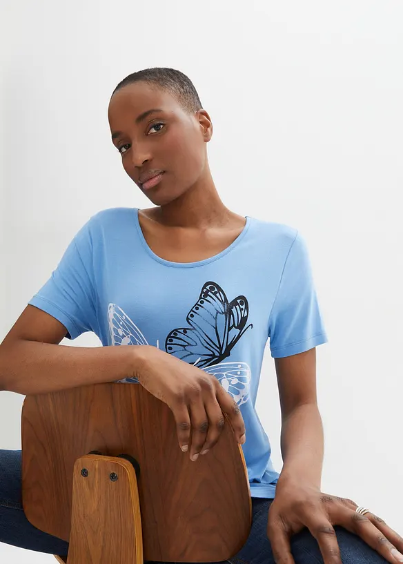 T-shirt long à pans et imprimé papillon, bonprix