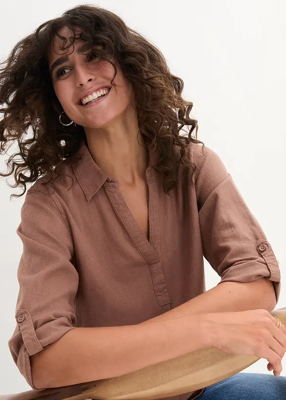 Chemisier manches 3/4 en lin m&eacute;lang&eacute;, bonprix