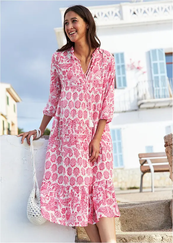 Robe midi en crépon de coton avec poches et manches 3/4, bonprix