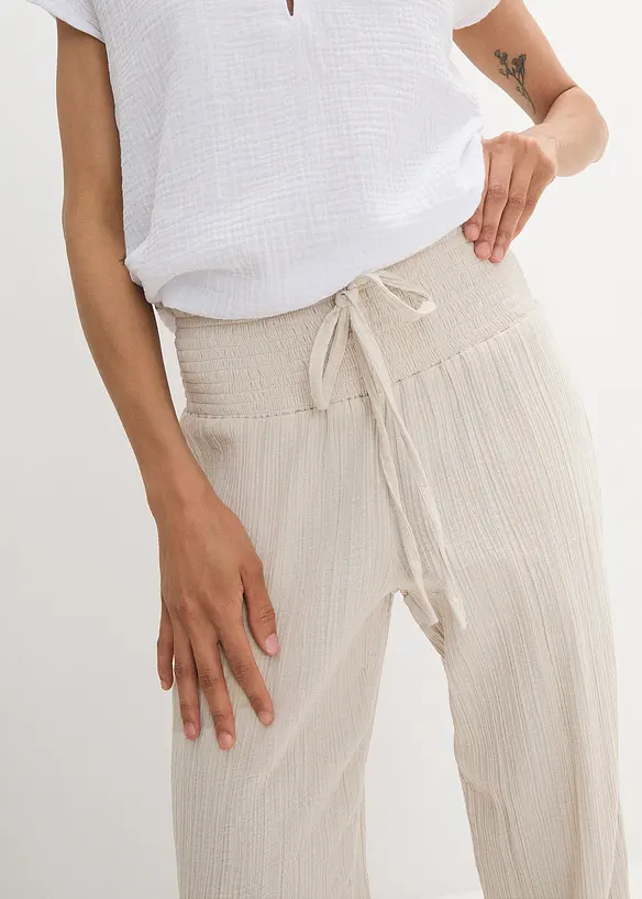 Pantalon en gaze de coton avec ceinture smockée, bonprix