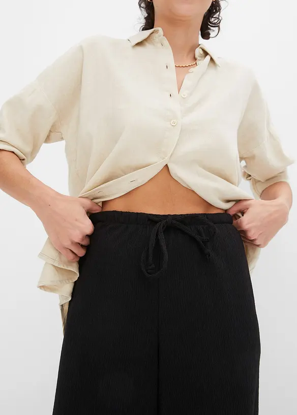 Pantalon taille haute en jersey texturé à ceinture élastiquée et lien à nouer, bonprix