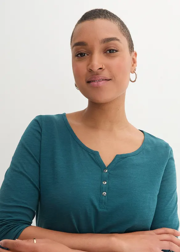 T-shirt manches longues à col boutonné, 100% coton, bonprix